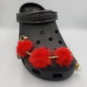 Red Fluffy Pom Pom Ball Croc Gold Chain Accessory